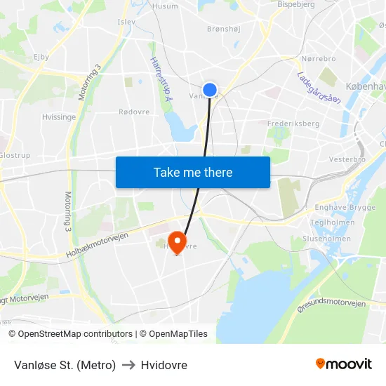 Vanløse St. (Metro) to Hvidovre map