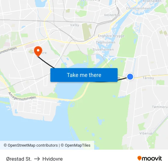 Ørestad St. to Hvidovre map