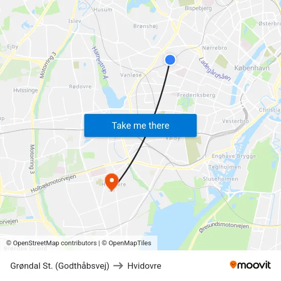 Grøndal St. (Godthåbsvej) to Hvidovre map