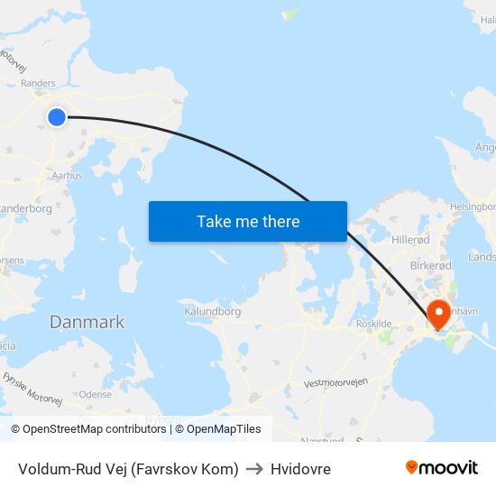 Voldum-Rud Vej (Favrskov Kom) to Hvidovre map