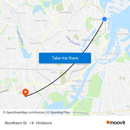 Nordhavn St. to Hvidovre map