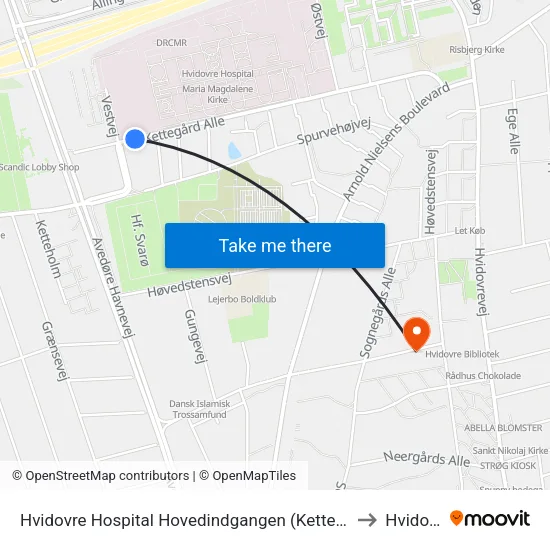 Hvidovre Hospital Hovedindgangen (Kettegård Allé) to Hvidovre map