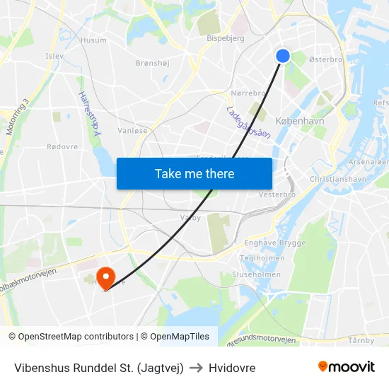 Vibenshus Runddel St. (Jagtvej) to Hvidovre map