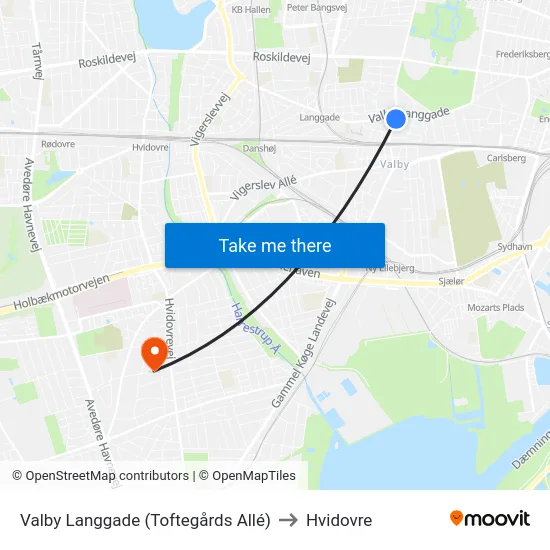 Valby Langgade (Toftegårds Allé) to Hvidovre map