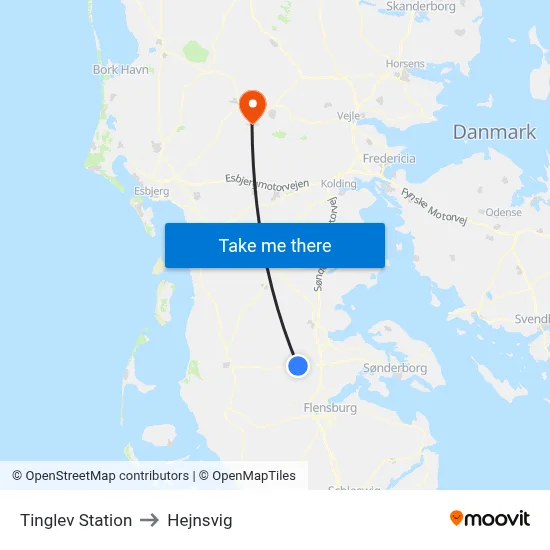 Tinglev Station to Hejnsvig map