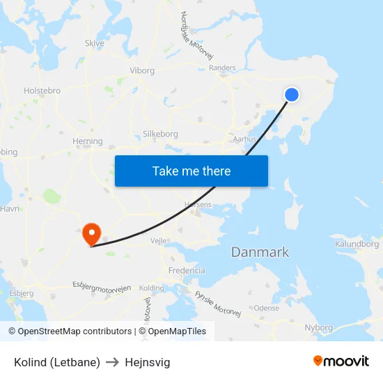 Kolind (Letbane) to Hejnsvig map