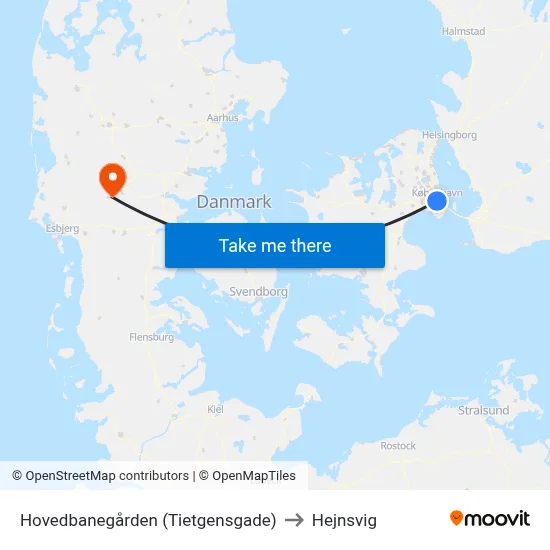 Hovedbanegården (Tietgensgade) to Hejnsvig map