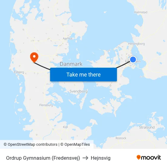 Ordrup Gymnasium (Fredensvej) to Hejnsvig map