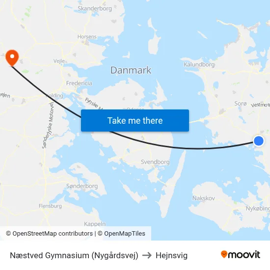 Næstved Gymnasium (Nygårdsvej) to Hejnsvig map