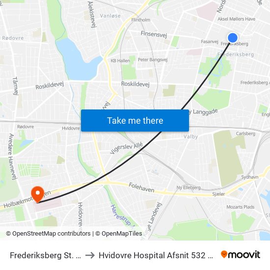 Frederiksberg St. (Metro) to Hvidovre Hospital Afsnit 532 Smerteklinik map