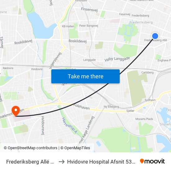 Frederiksberg Allé St. (Metro) to Hvidovre Hospital Afsnit 532 Smerteklinik map