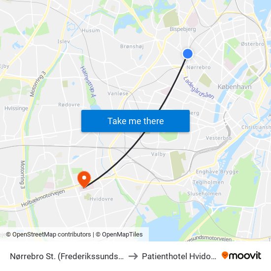 Nørrebro St. (Frederikssundsvej) to Patienthotel Hvidovre map