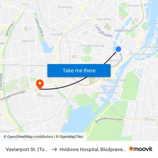 Vesterport St. (Togbus) to Hvidovre Hospital, Blodprøvetagning map