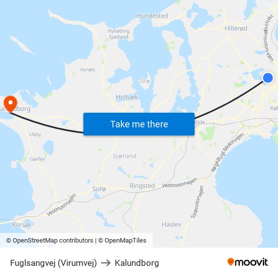 Fuglsangvej (Virumvej) to Kalundborg map