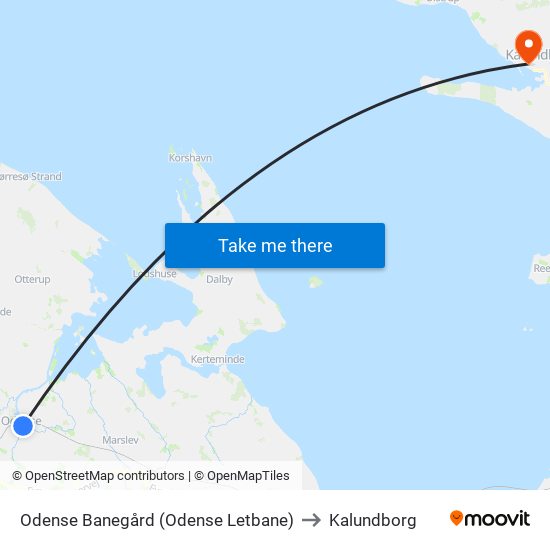 Odense Banegård (Odense Letbane) to Kalundborg map