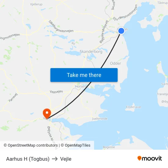 Aarhus H (Togbus) to Vejle map