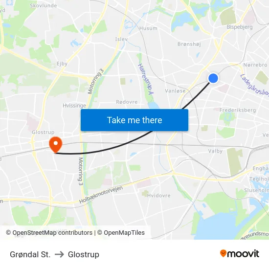 Grøndal St. to Glostrup map