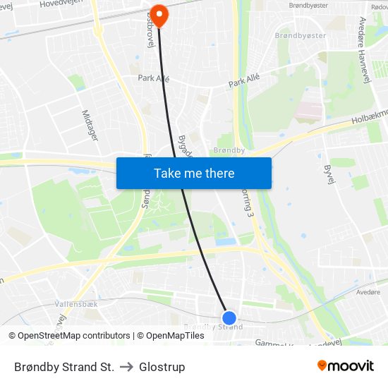 Brøndby Strand St. to Glostrup map