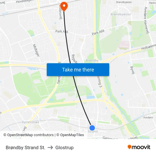 Brøndby Strand St. to Glostrup map