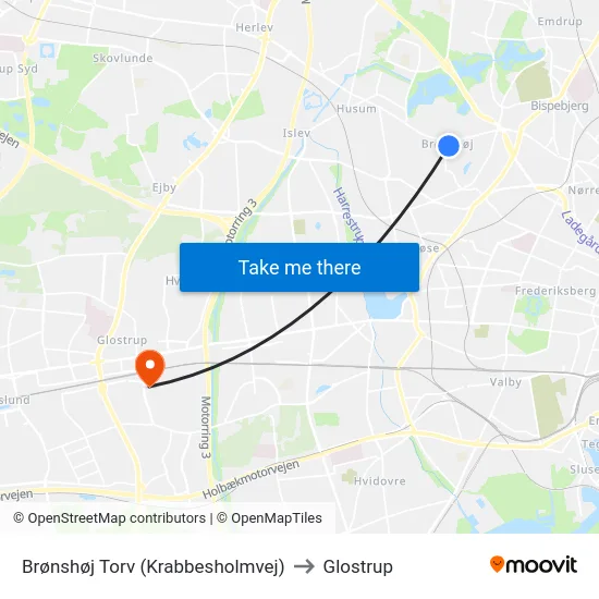 Brønshøj Torv (Krabbesholmvej) to Glostrup map