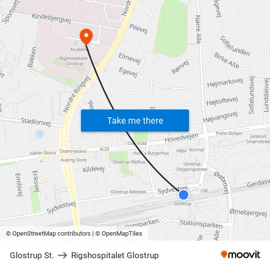 Glostrup St. to Rigshospitalet Glostrup map