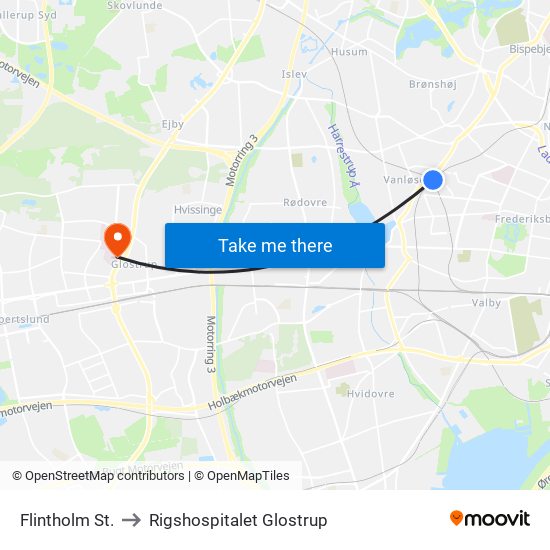 Flintholm St. to Rigshospitalet Glostrup map