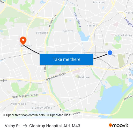 Valby St. to Glostrup Hospital, Afd. M43 map