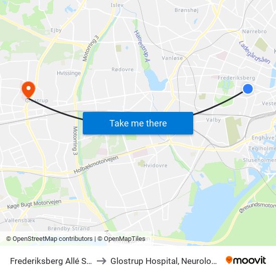 Frederiksberg Allé St. (Metro) to Glostrup Hospital, Neurologisk Afdeling map