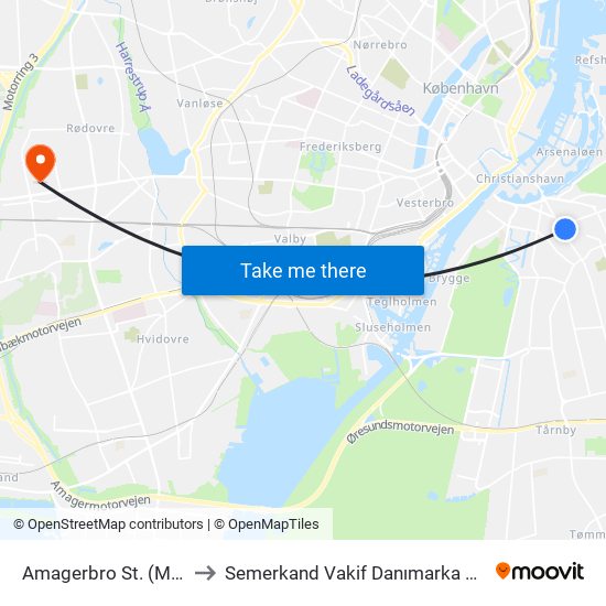 Amagerbro St. (Metro) to Semerkand Vakif Danımarka Merkez map