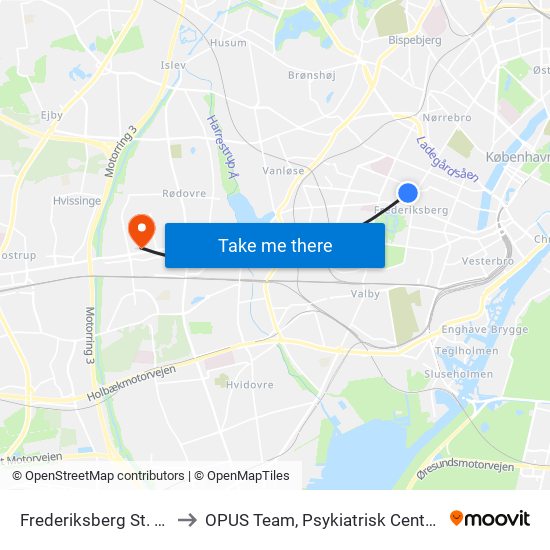 Frederiksberg St. (Metro) to OPUS Team, Psykiatrisk Center Glostrup map
