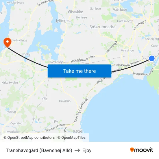 Tranehavegård (Bavnehøj Allè) to Ejby map