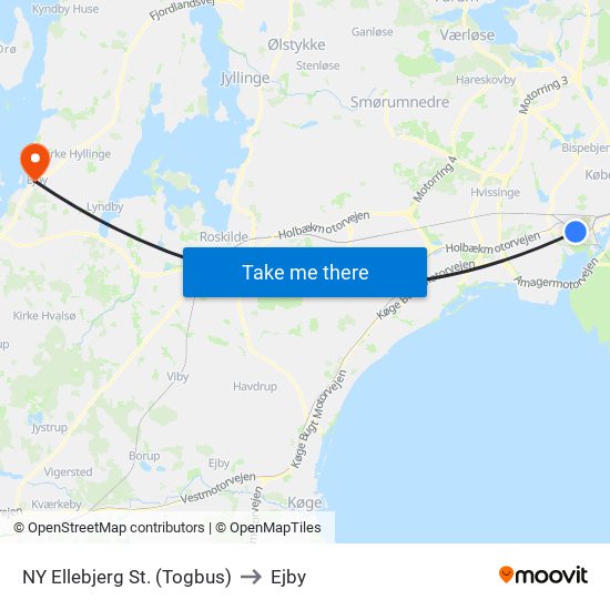 NY Ellebjerg St. (Togbus) to Ejby map