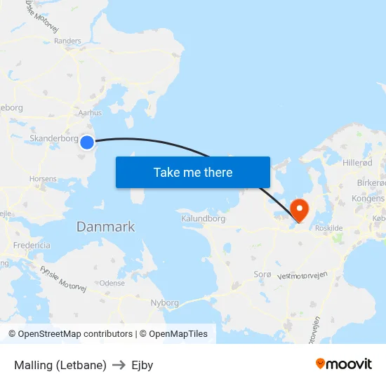 Malling (Letbane) to Ejby map