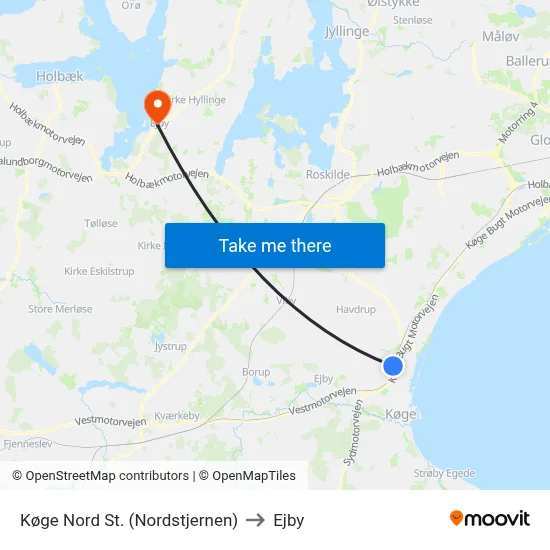 Køge Nord St. (Nordstjernen) to Ejby map