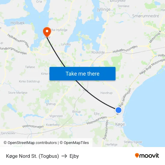 Køge Nord St. (Togbus) to Ejby map