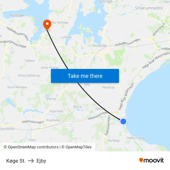 Køge St. to Ejby map