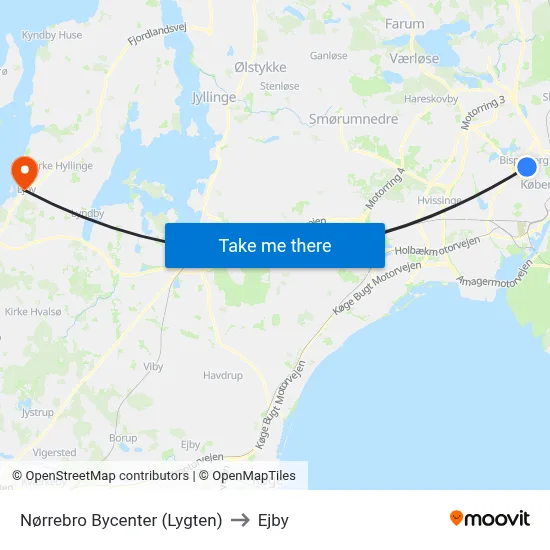 Nørrebro Bycenter (Lygten) to Ejby map