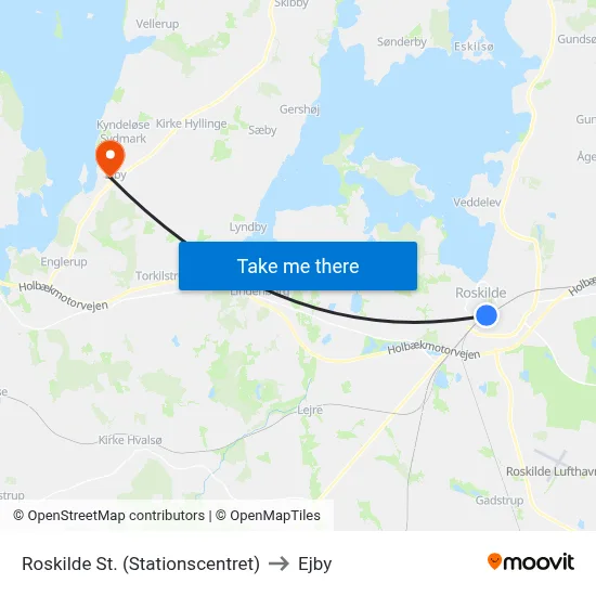 Roskilde St. (Stationscentret) to Ejby map