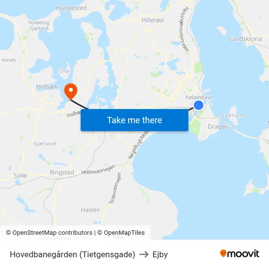 Hovedbanegården (Tietgensgade) to Ejby map
