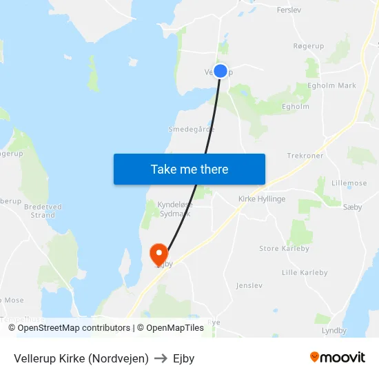 Vellerup Kirke (Nordvejen) to Ejby map
