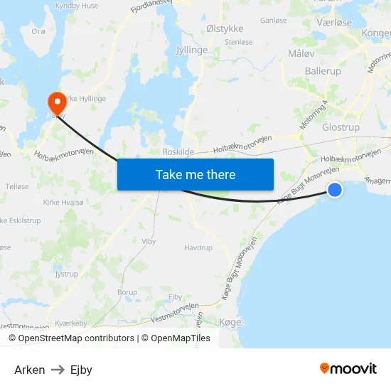 Arken to Ejby map