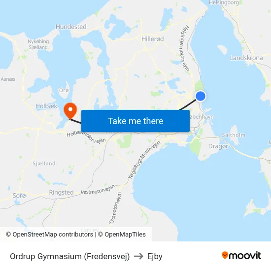 Ordrup Gymnasium (Fredensvej) to Ejby map