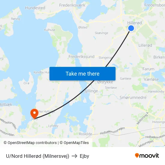 U/Nord Hillerød (Milnersvej) to Ejby map