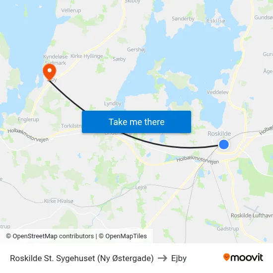 Roskilde St. Sygehuset (Ny Østergade) to Ejby map