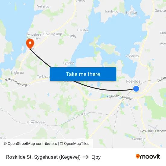 Roskilde St. Sygehuset (Køgevej) to Ejby map