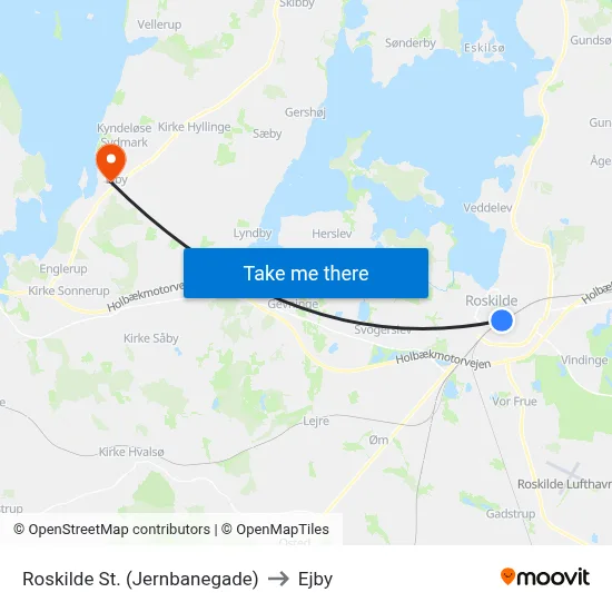 Roskilde St. (Jernbanegade) to Ejby map