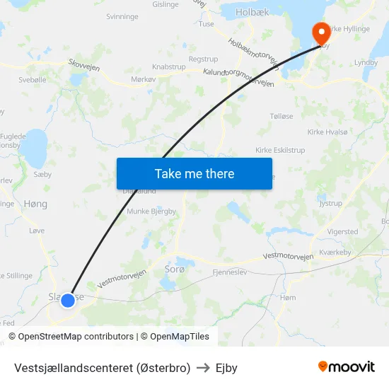 Vestsjællandscenteret (Østerbro) to Ejby map