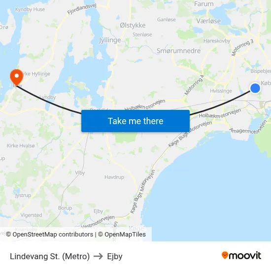 Lindevang St. (Metro) to Ejby map