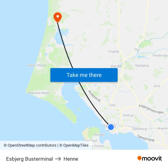 Esbjerg Busterminal (Bybus) to Henne map