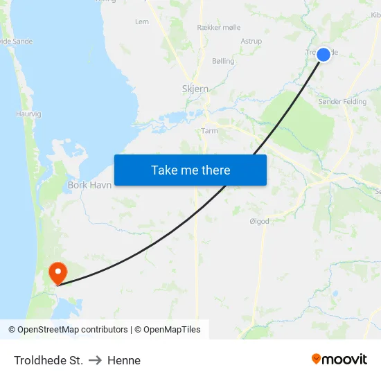 Troldhede St. to Henne map